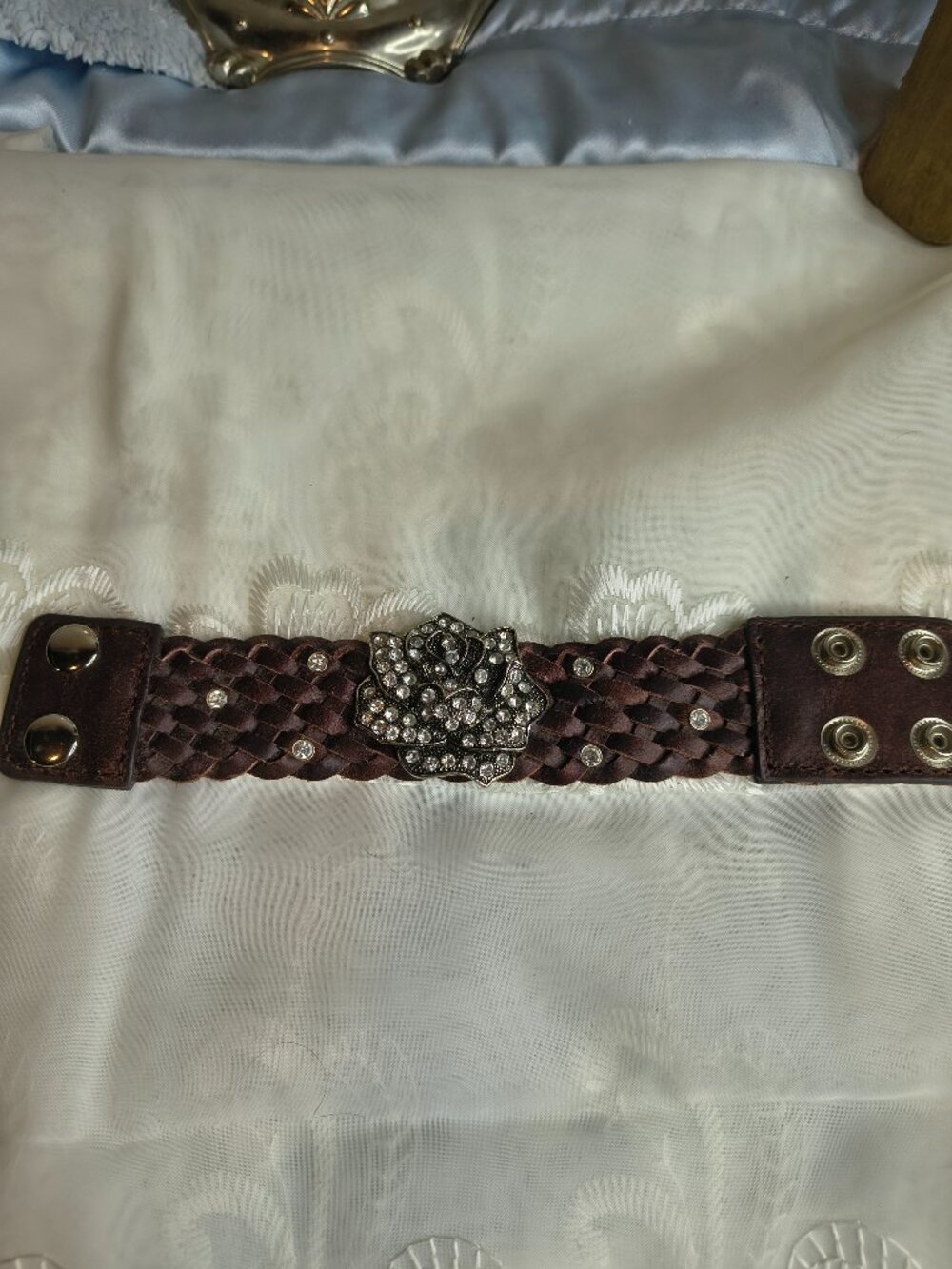 Silver Tone Genuine Leather Studded Rose Bracelet